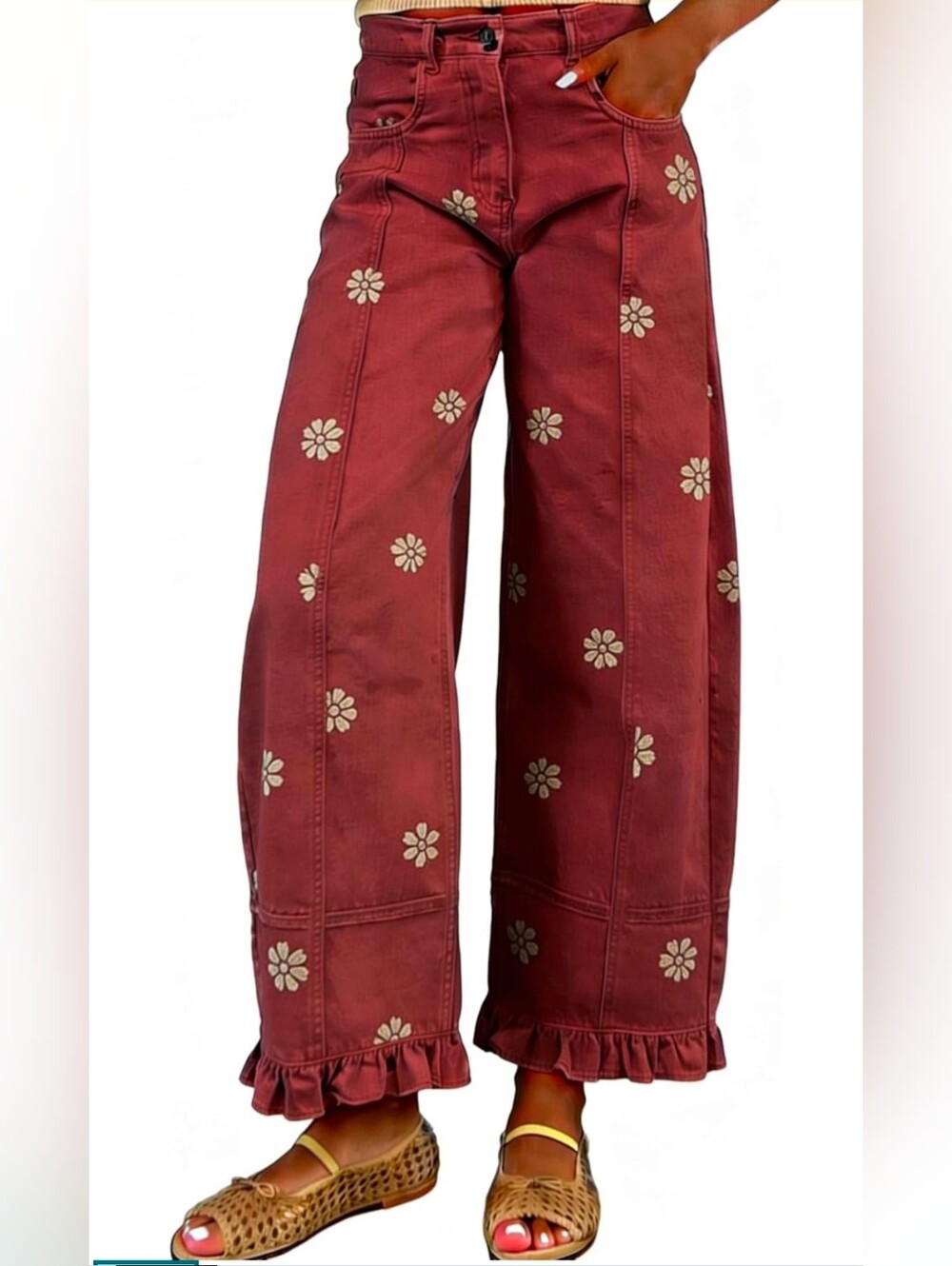 NWT utcoco Barrel Jeans Women Ruffle End Floral Wide Leg Jeans Y2k Patchwork Bag